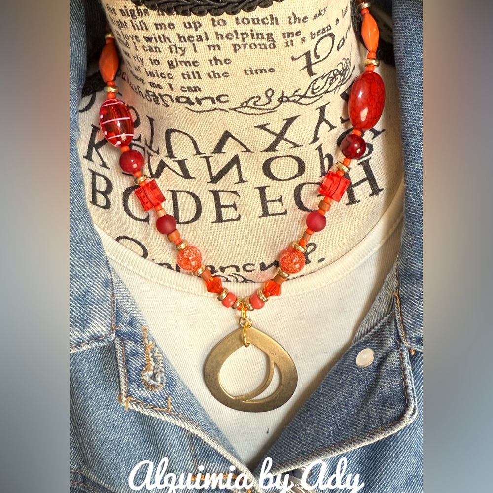 GOLD AND ORANGE QUARTZ RED TURQUOISE BUBBLES NECKLACE - Picture 2 of 2